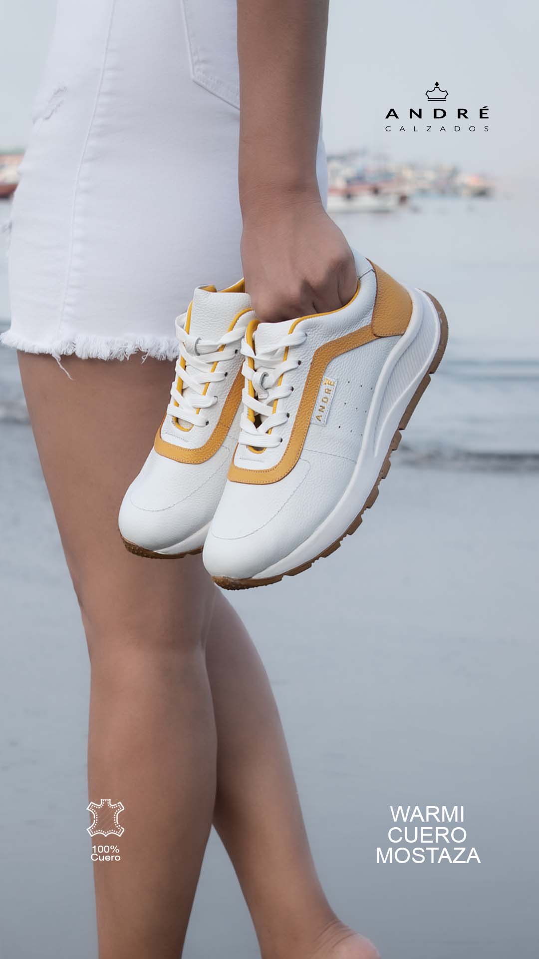 Zapatilla Warmi - Cuero blanco con amarillo