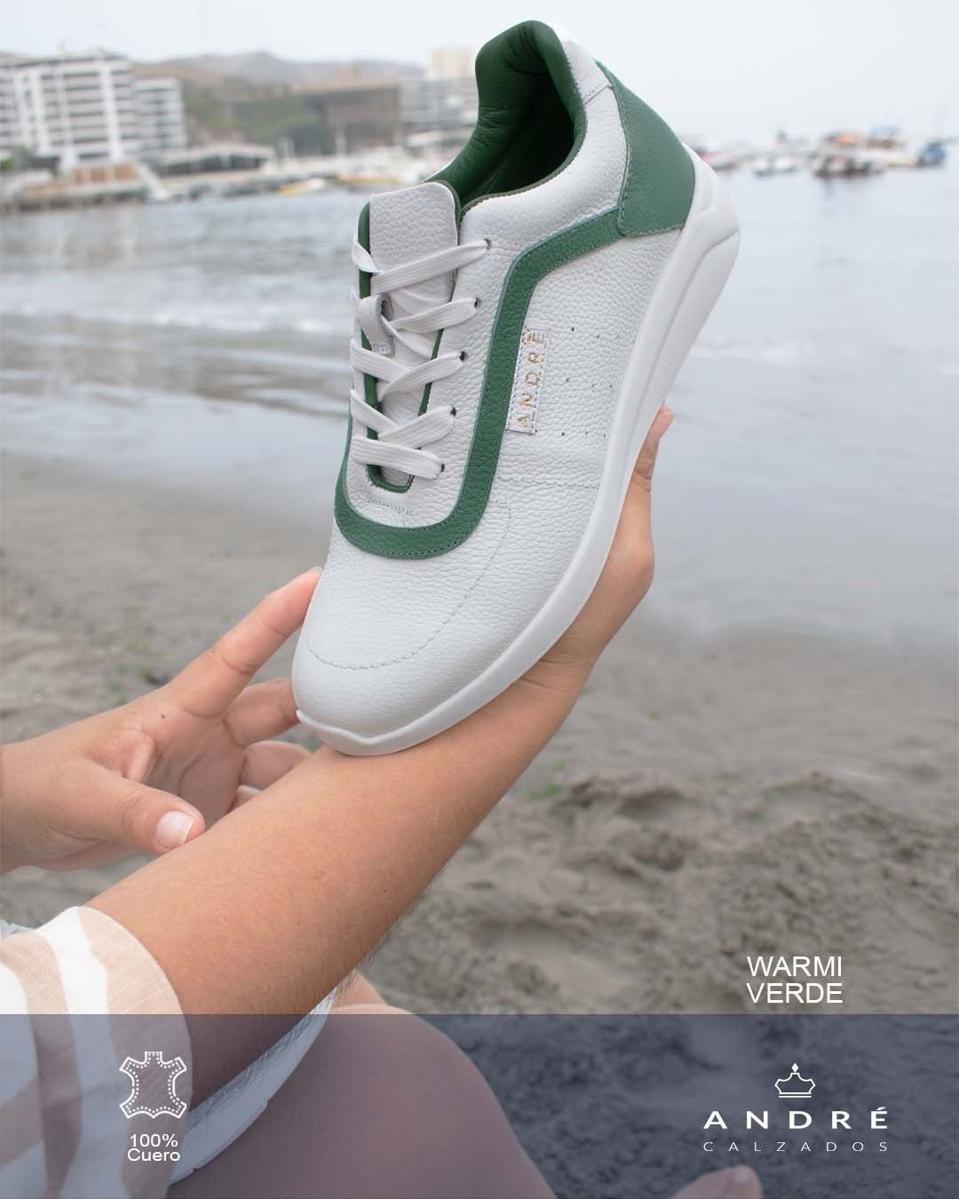 Zapatilla Warmi - Cuero blanco con verde