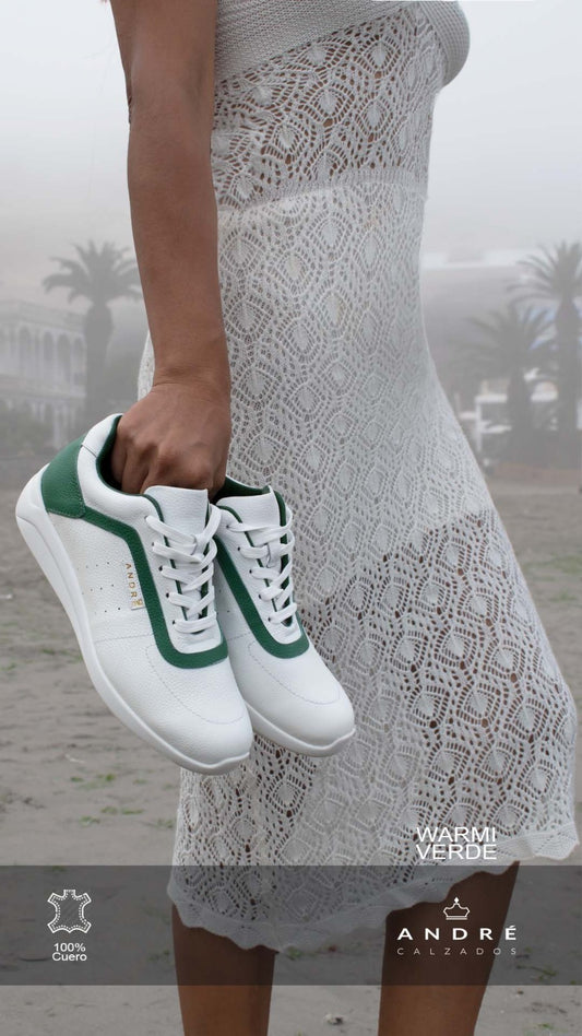 Zapatilla Warmi - Cuero blanco con verde