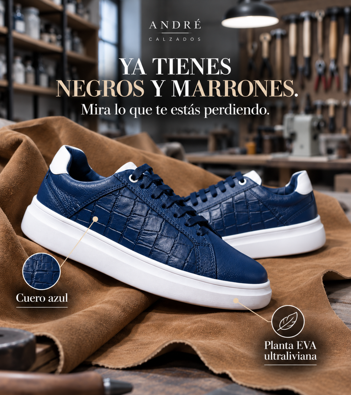 Zapatilla Yaku de cuero azul, para hombre.