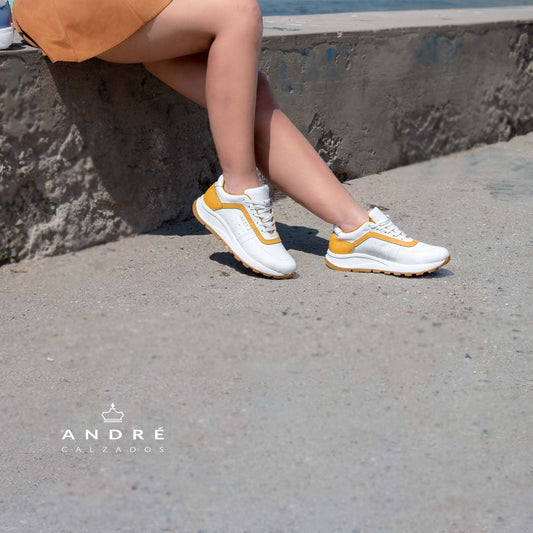 Zapatilla Warmi - Cuero blanco con amarillo