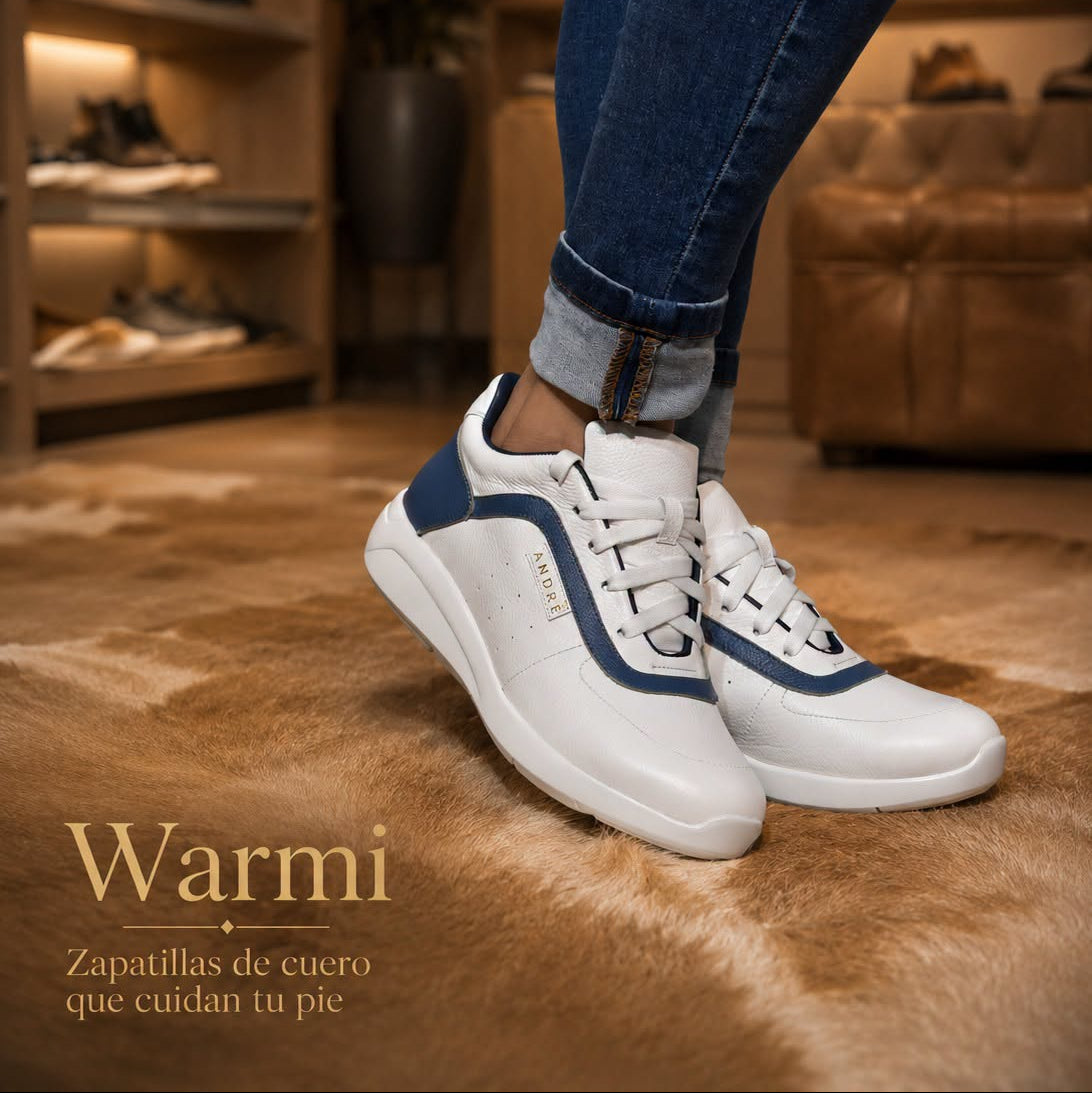Zapatilla Warmi - Cuero blanco con Azul