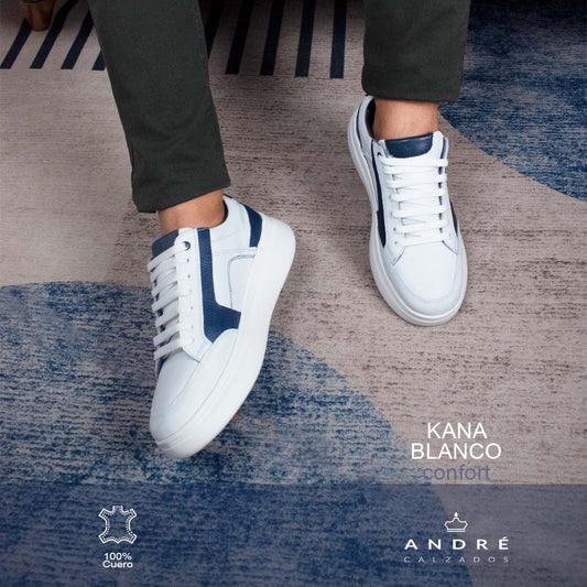 Zapatilla de cuero Kana blanco C/azul