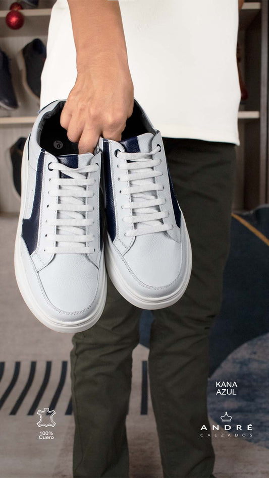 Zapatilla de cuero Kana blanco C/azul