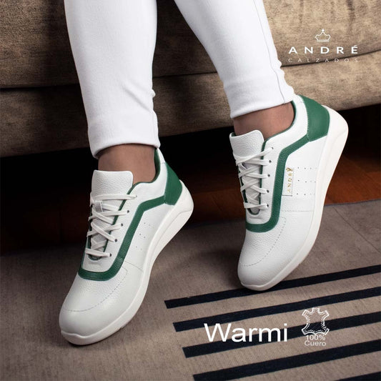 Zapatilla Warmi - Cuero blanco con verde