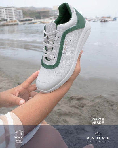 Zapatilla Warmi - Cuero blanco con verde