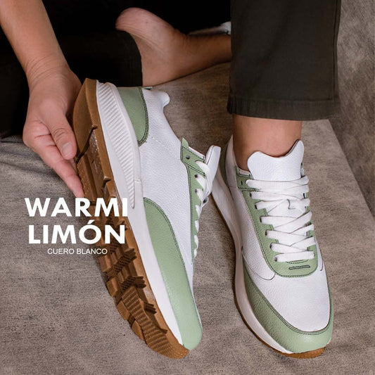Zapatilla Warmi - Cuero verde limón con blanco