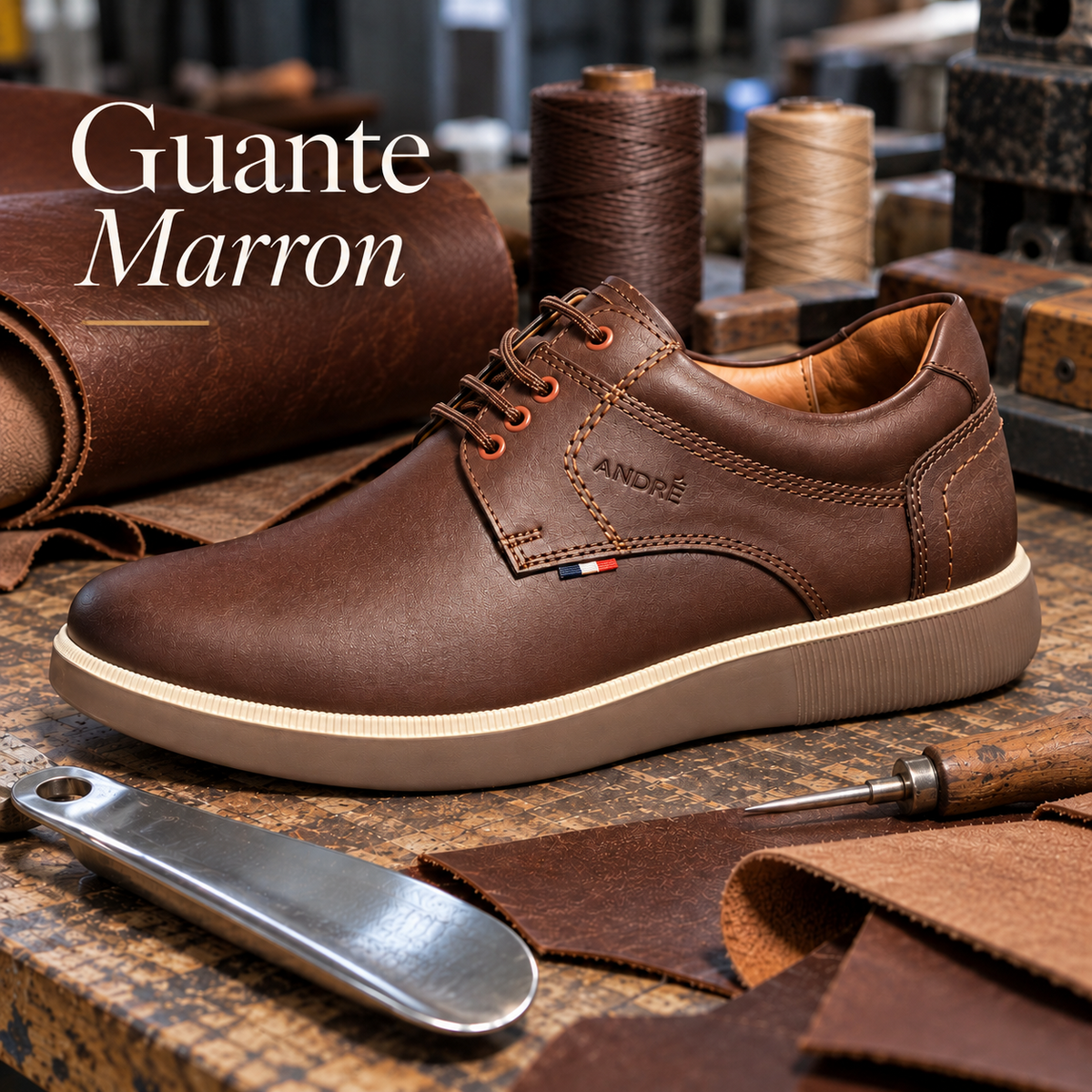 Zapato Guante de cuero marrón para hombre, con pasadores y planta EVA ultraliviana, sobre una mesa de taller.