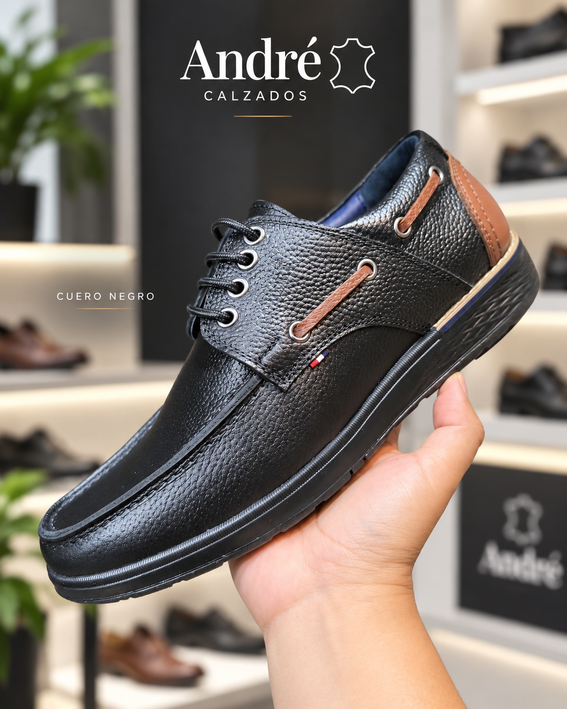 Calzado de cuero negro André mostrado de cerca en el showroom