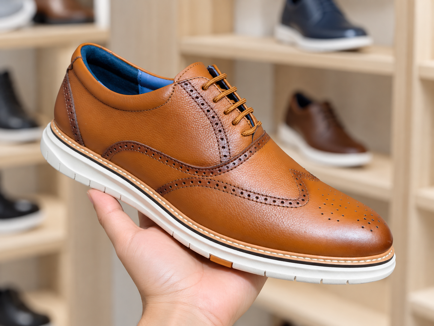 Oxford de cuero cobre André con planta blanca, sostenido en el showroom