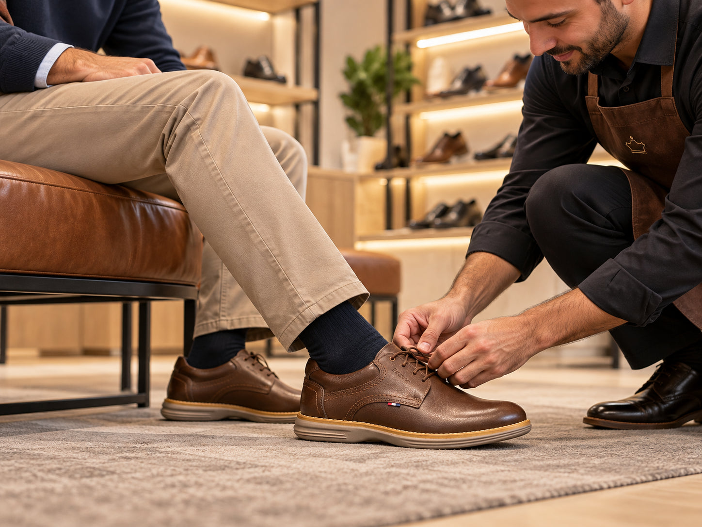 Cliente probándose un zapato André con atención personalizada en el showroom